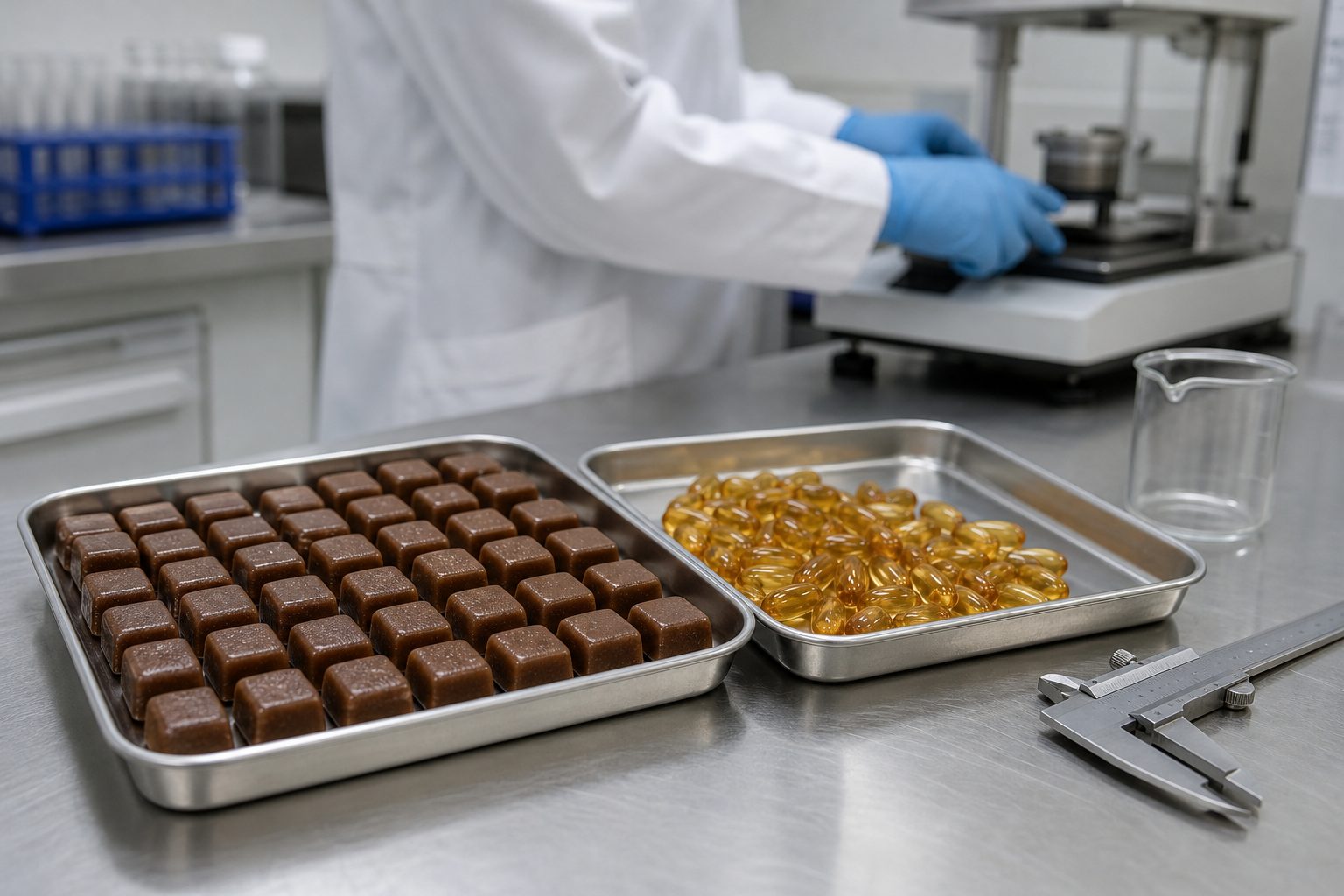 Representative quality-control bench with trays of soft chews and softgels