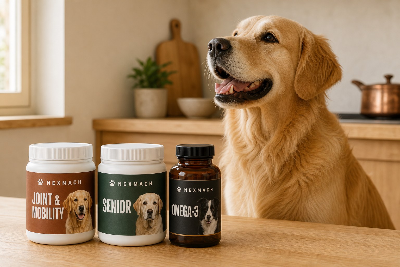 A golden retriever at a kitchen table beside three finished NexMach Pet packs: two white jars and an amber bottle
