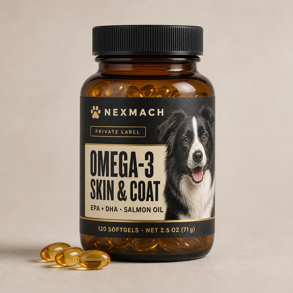 Amber glass bottle of omega-3 skin and coat softgels, charcoal label with a border collie printed on it