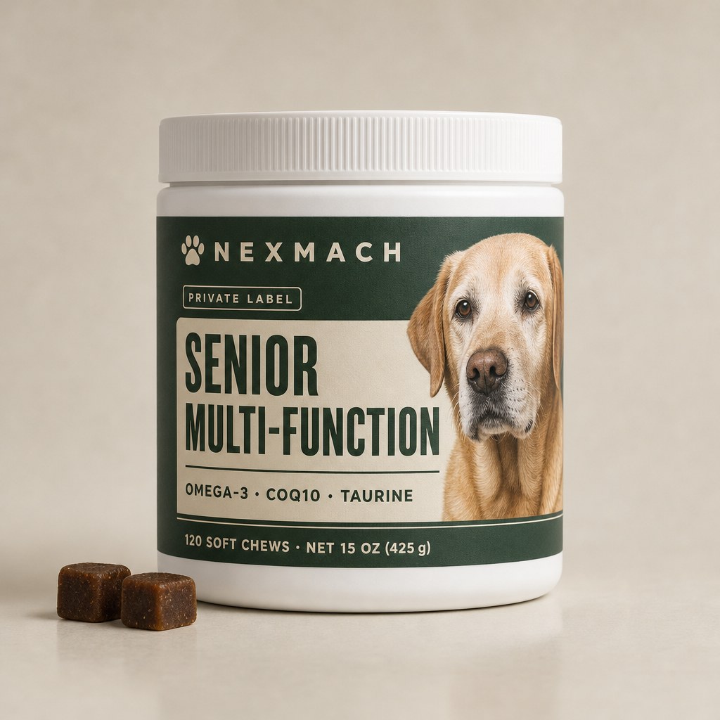 White jar of senior multi-function soft chews, green label with an older Labrador printed on it